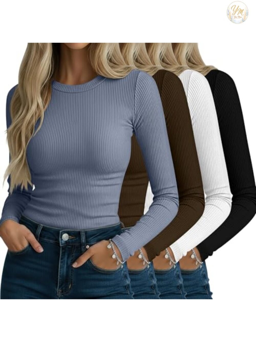 4 Pack Women's Ribbed Cotton Long Sleeve Tees Crew Neck Slim Fit Stretch Tops